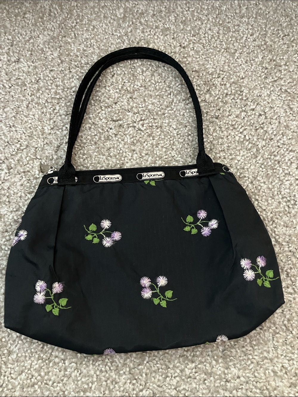 LeSportsac Black Tote with Lavender Floral Print Small